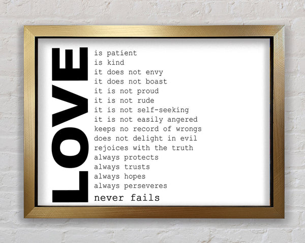 Love Quote Love Never Fails Framed Print