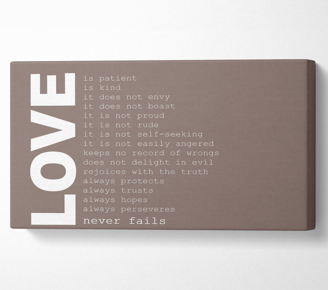  A Canvas Print of Love Quote Love Never Fails Beige Canvas Art