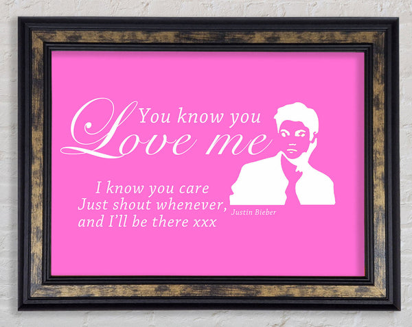 Music Quote You Know You Love Me Justin Bieber Vivid Pink Framed Print