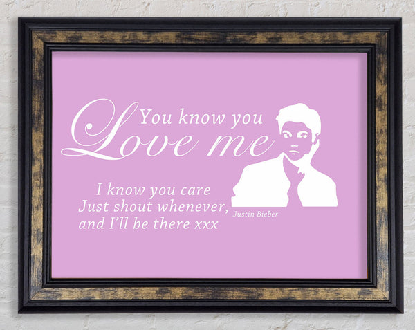 Music Quote You Know You Love Me Justin Bieber Pink Framed Print