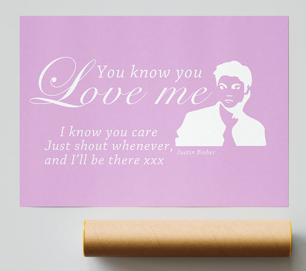 Music Quote You Know You Love Me Justin Bieber Pink Giclee Print