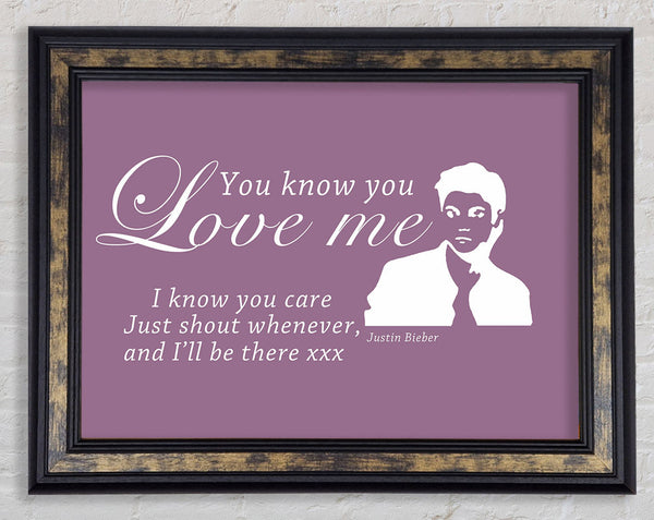 Music Quote You Know You Love Me Justin Bieber Dusty Pink Framed Print