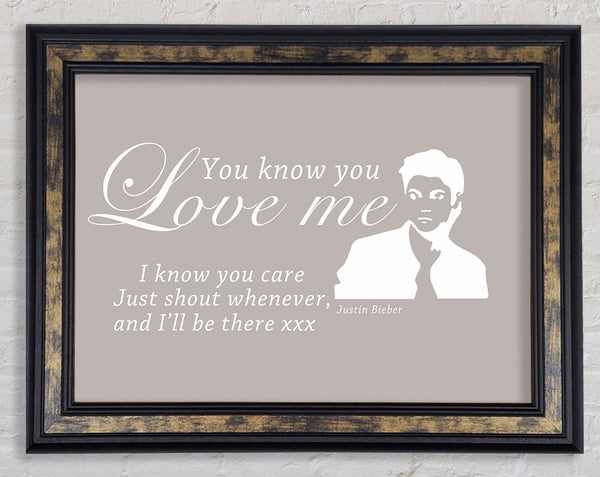 Music Quote You Know You Love Me Justin Bieber Beige Framed Print