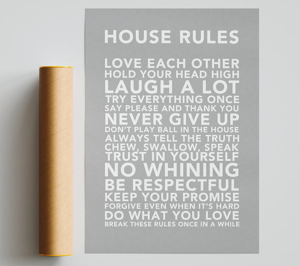 Family Quote House Rules 3 Grey White Print