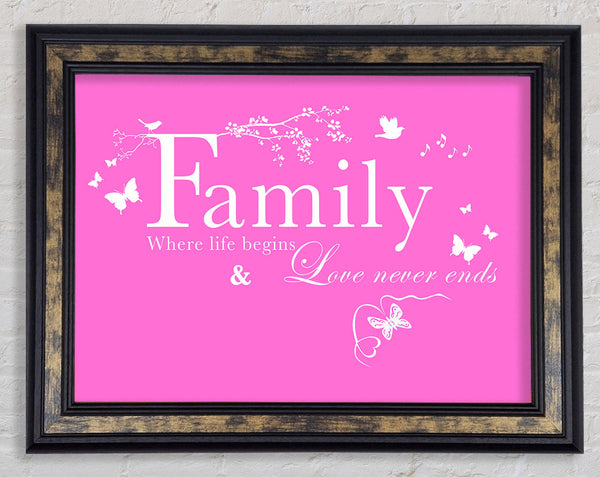 Family Quote Family Where Life Begins Vivid Pink Framed Print