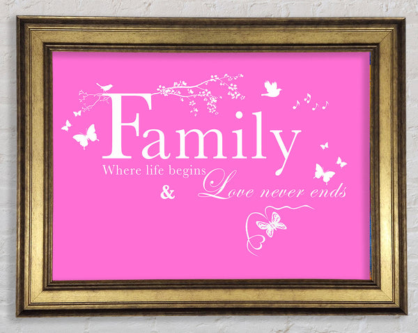 Family Quote Family Where Life Begins Vivid Pink Framed Print