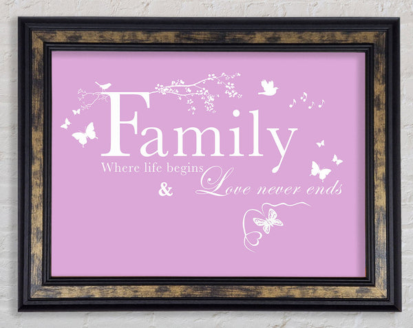 Family Quote Family Where Life Begins Pink Framed Print