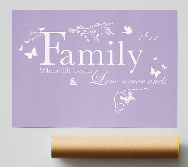 Family Quote Family Where Life Begins Lilac Print