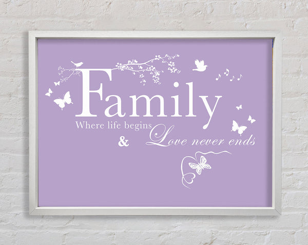 Family Quote Family Where Life Begins Lilac Framed Print