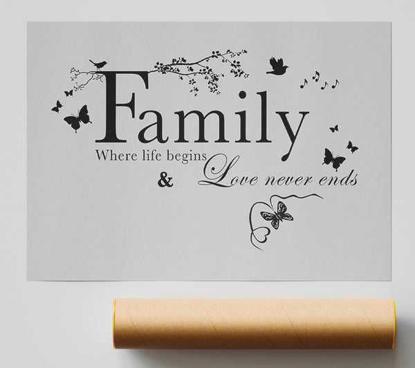 Family Quote Family Where Life Begins Grey Print