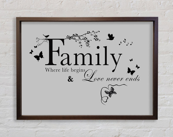 Family Quote Family Where Life Begins Grey Framed Print