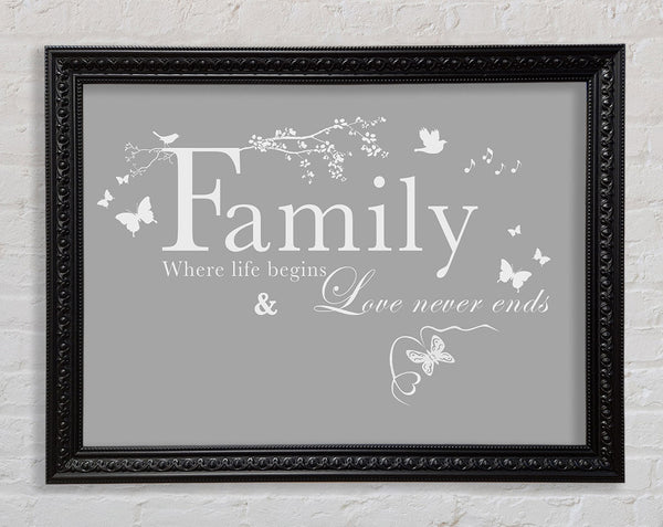 Family Quote Family Where Life Begins Grey White Framed Print