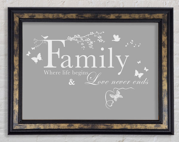 Family Quote Family Where Life Begins Grey White Framed Print