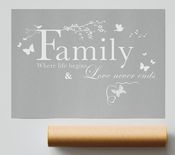 Family Quote Family Where Life Begins Grey White Giclee Print