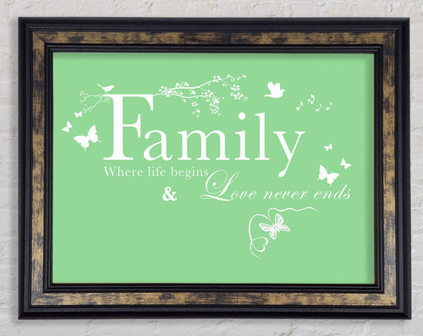 Family Quote Family Where Life Begins Green Framed Print