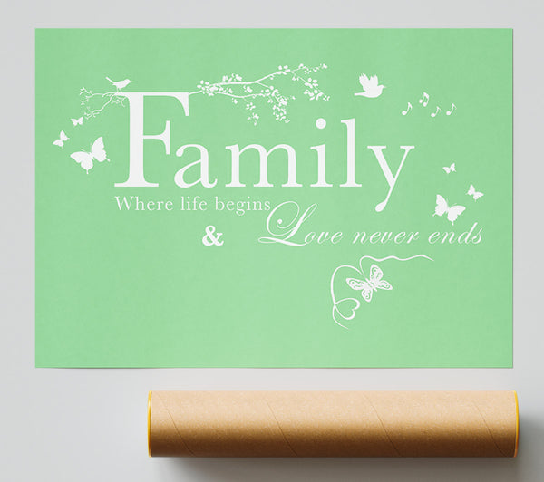 Family Quote Family Where Life Begins Green Giclee Print
