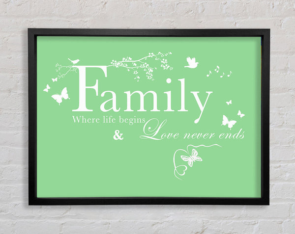 Family Quote Family Where Life Begins Green Framed Print