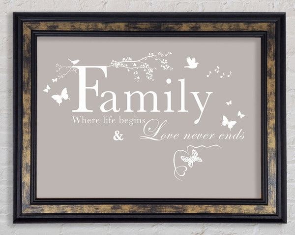 Family Quote Family Where Life Begins Beige Framed Print