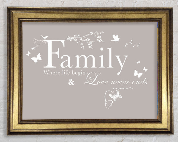 Family Quote Family Where Life Begins Beige Framed Print