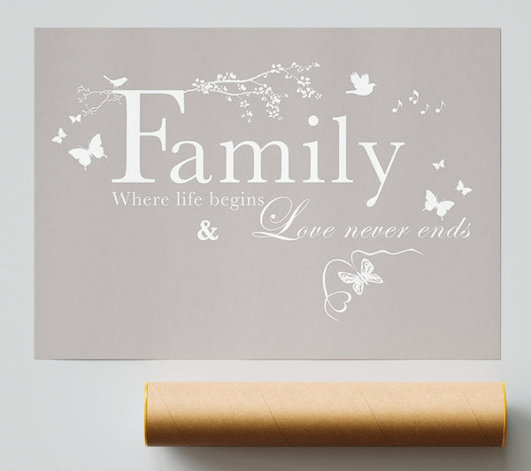Family Quote Family Where Life Begins Beige Giclee Print