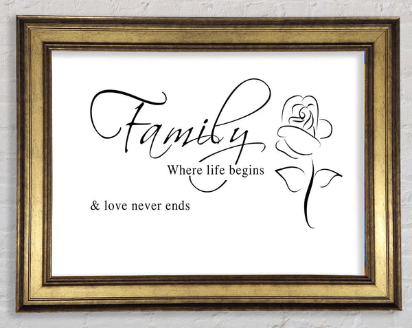 Family Quote Family Where Life Begins 1 White Framed Print