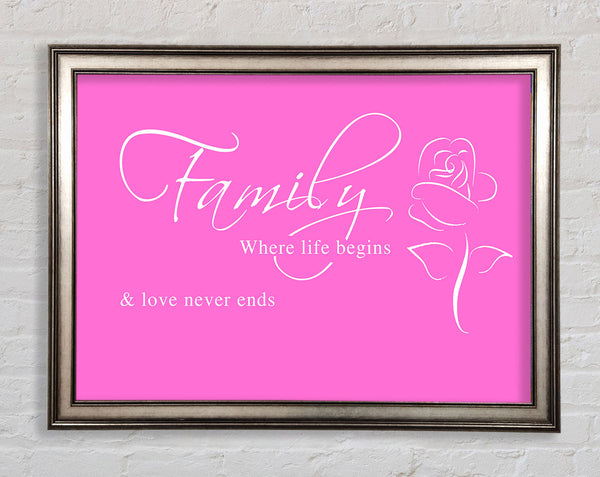 Family Quote Family Where Life Begins 1 Vivid Pink Framed Print