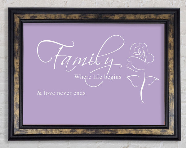 Family Quote Family Where Life Begins 1 Lilac Framed Print
