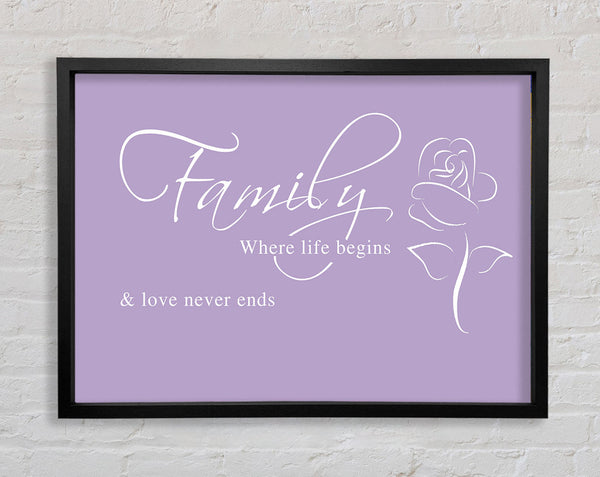 Family Quote Family Where Life Begins 1 Lilac Framed Print