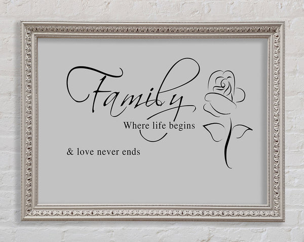 Family Quote Family Where Life Begins 1 Grey Framed Print