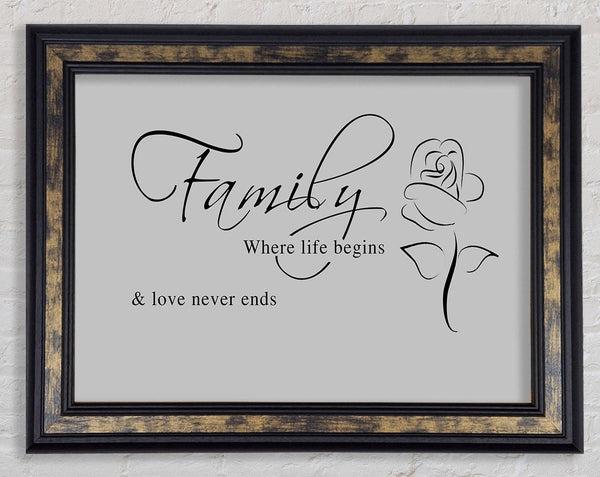 Family Quote Family Where Life Begins 1 Grey Framed Print