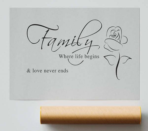 Family Quote Family Where Life Begins 1 Grey Poster