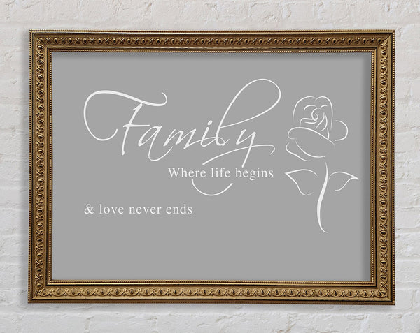 Family Quote Family Where Life Begins 1 Grey White Framed Print