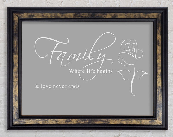 Family Quote Family Where Life Begins 1 Grey White Framed Print