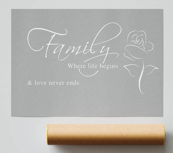 Family Quote Family Where Life Begins 1 Grey White Poster
