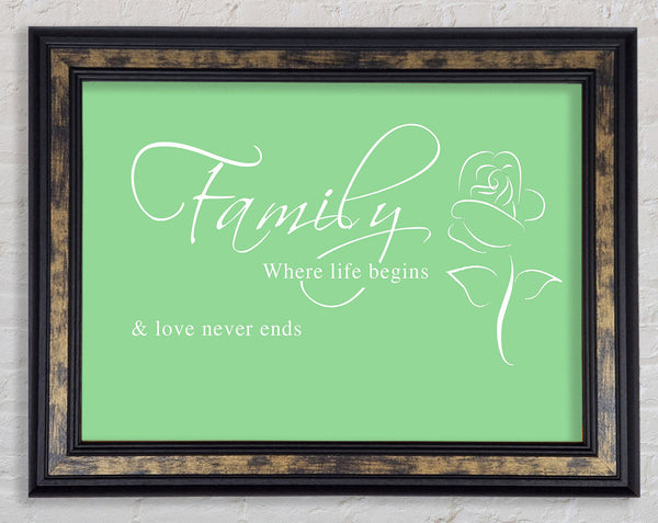 Family Quote Family Where Life Begins 1 Green Framed Print