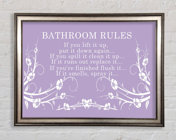 Bathroom Quote Bathroom Rules 2 Lilac Framed Print