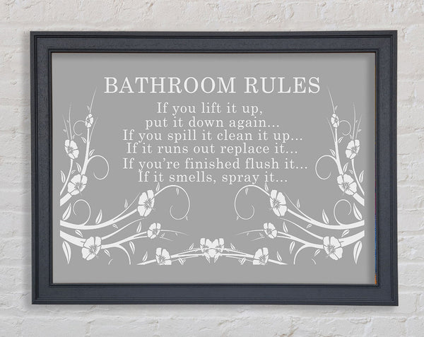 Bathroom Quote Bathroom Rules 2 Grey White Framed Print