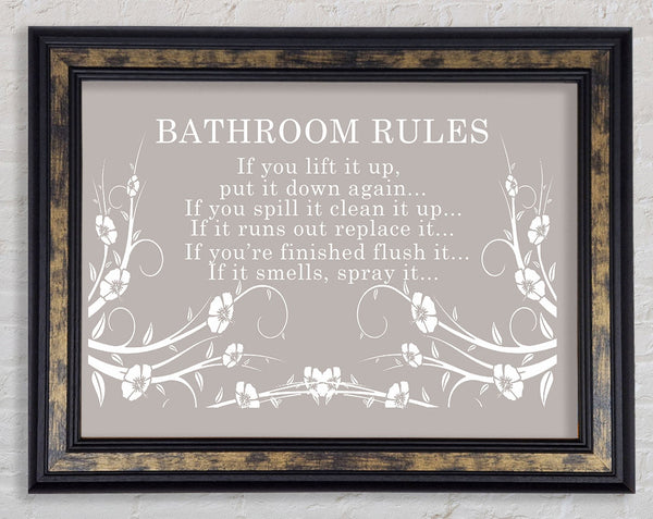 Bathroom Quote Bathroom Rules 2 Beige Framed Print