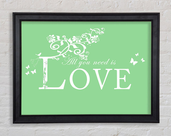 Music Quote All You Need Is Love Green Framed Print