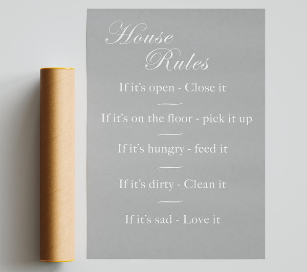 Family Quote House Rules 2 Grey White Poster