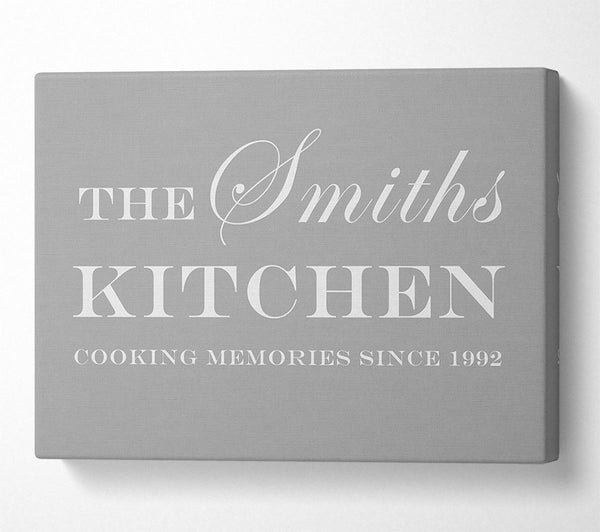  A Canvas Print of Kitchen Quote Your Family Name And Date Kitchen Grey White Canvas Wall Art