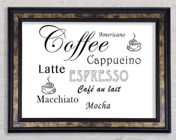 Kitchen Quote Coffee Delight White Framed Print