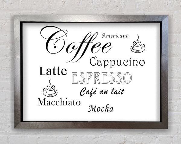 Kitchen Quote Coffee Delight White Framed Print