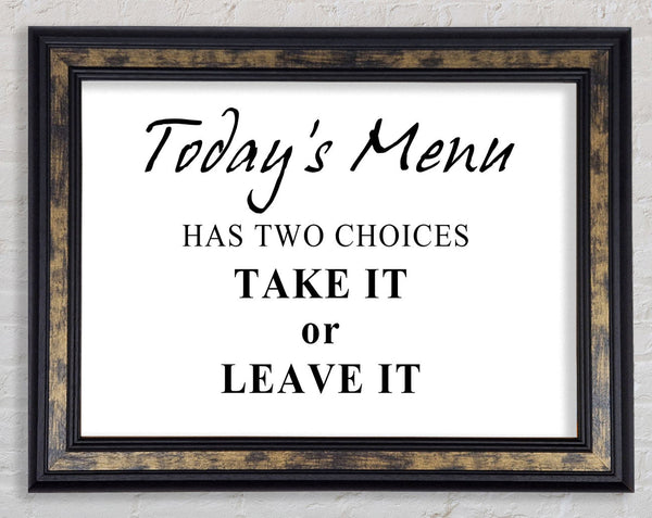 Kitchen Quote Todays Menu Has Two Choices White Framed Print