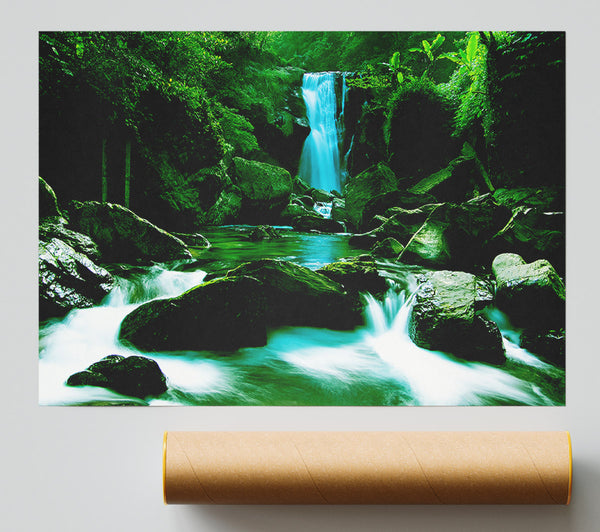 The Waterfall Flows Over The Rocks Poster