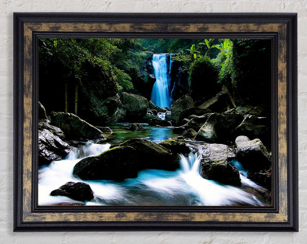Enchanted Blue Waterfall Forest Flows Framed Print