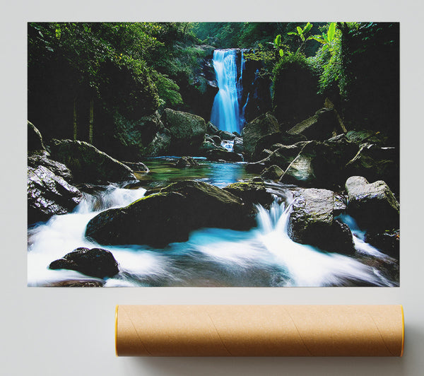 Enchanted Blue Waterfall Forest Flows Print