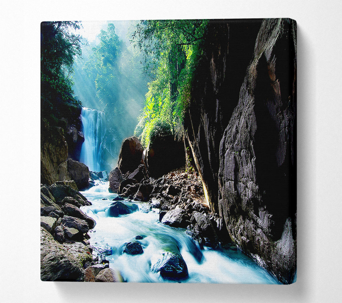  A Canvas Print of Sunbeams Over The Mountain Waterfall Canvas Art