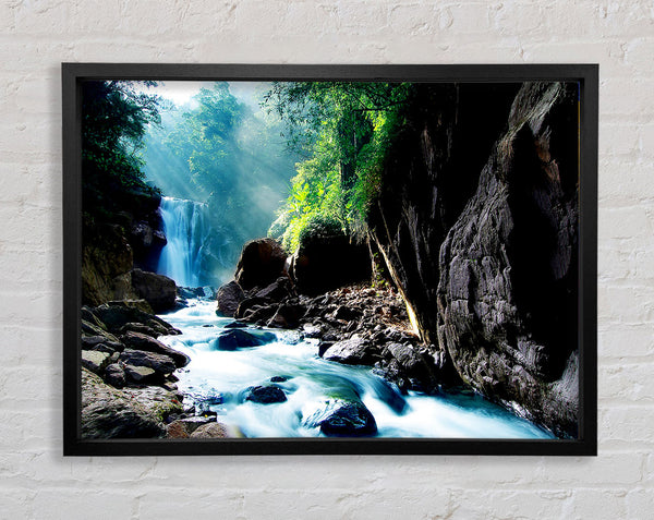 Sunbeams Over The Mountain Waterfall Framed Print