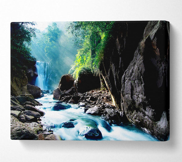  A Canvas Print of Sunbeams Over The Mountain Waterfall Canvas Art